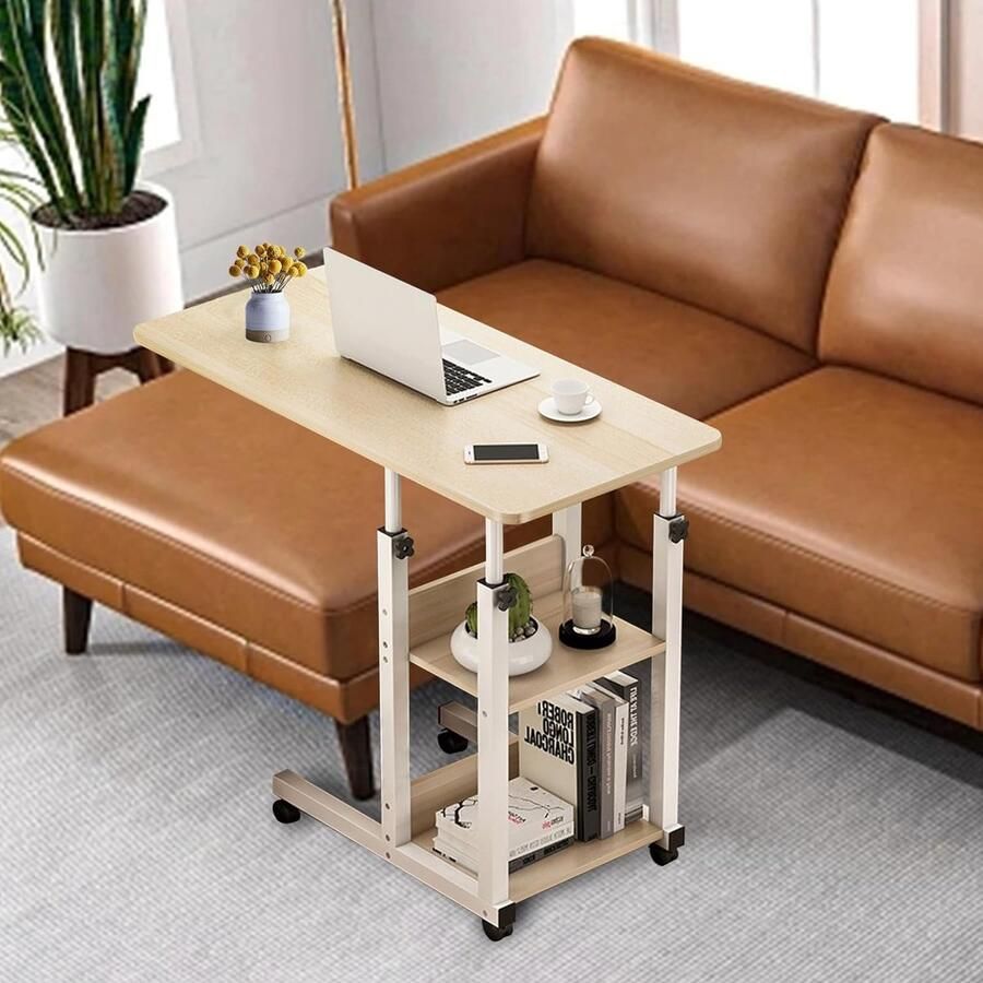 JGS Verstelbare Bijzettafel Met Wielen En Twee Planken Voor Slaapkamer En Woonkamer