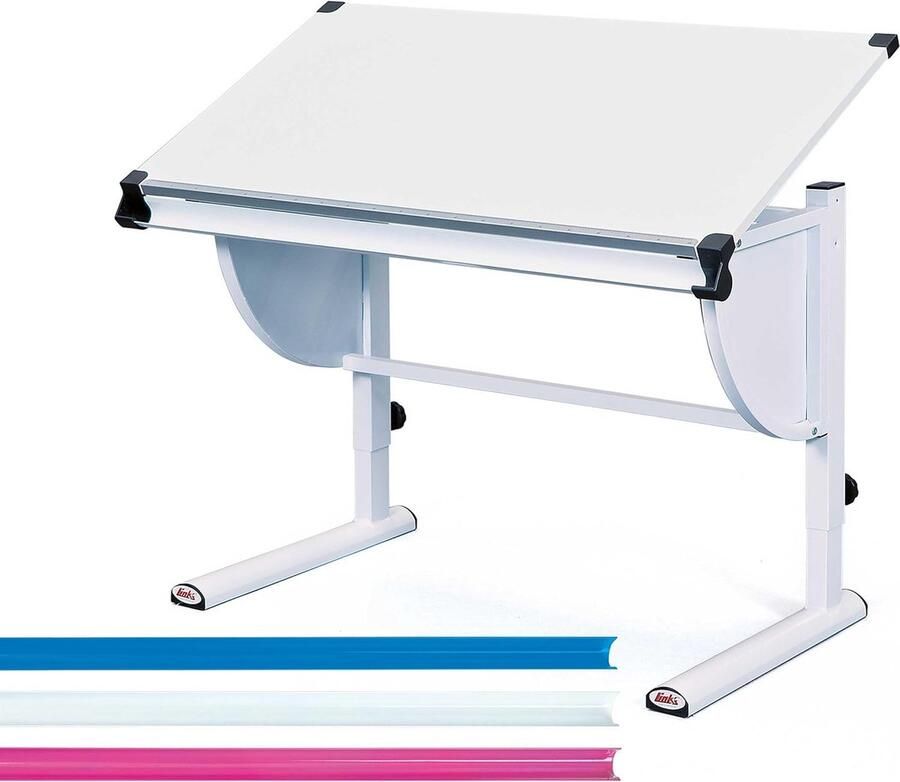 JGS Verstelbare Kinderbureau met Kantelbare Plank Witte Jeugdbureau met Kleurdetails Perfect voor Studie en Tekenen