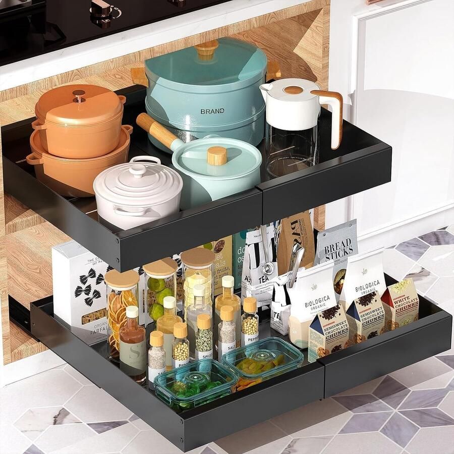 JGS Verstelbare Uittrekbare Lade Organizer voor Keukenkasten en Opbergrekken in Zwart