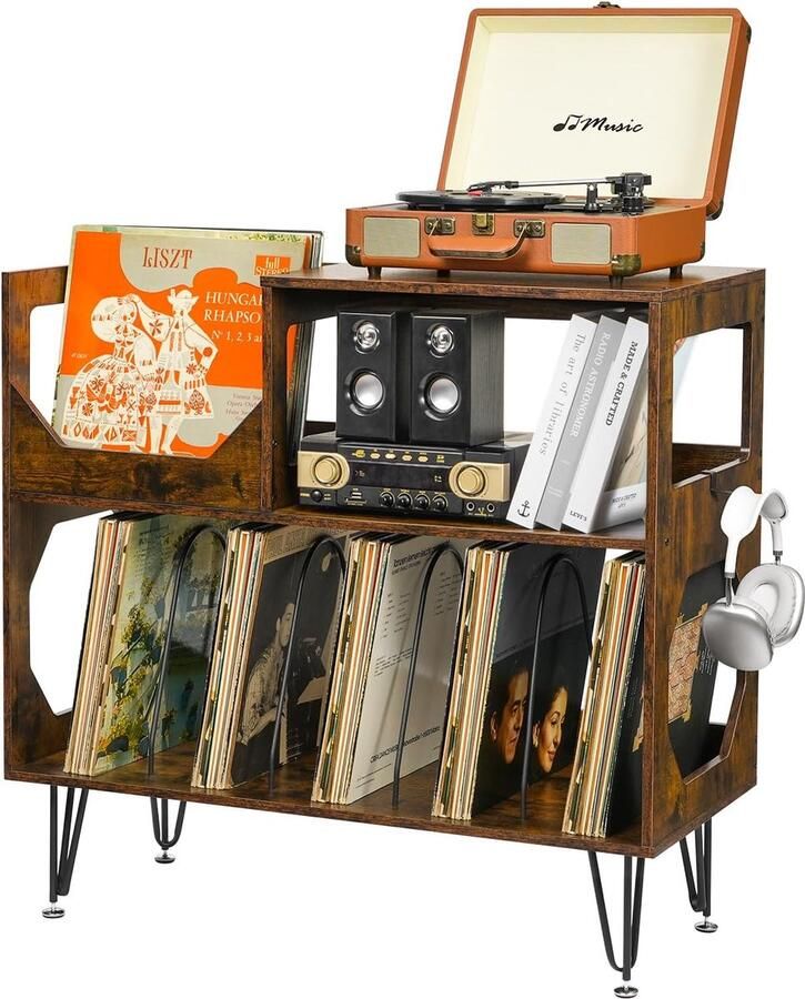 JGS Vintage Draaitafel Stand met Opslagruimte Houten Vinyl Platenspeler Tafel met Metalen Poten