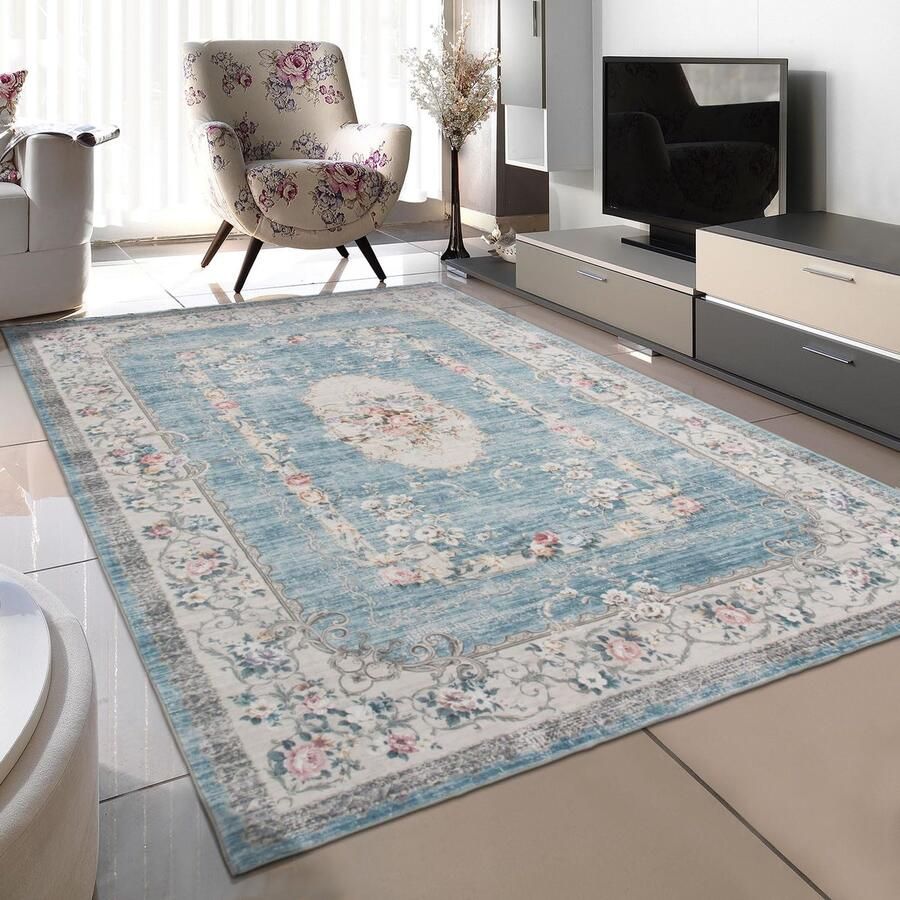 JGS Vintage Stijl Laagpolig Wasbaar Vloerkleed voor Woonkamer en Slaapkamer Antislip 120 x 170 cm Blauw