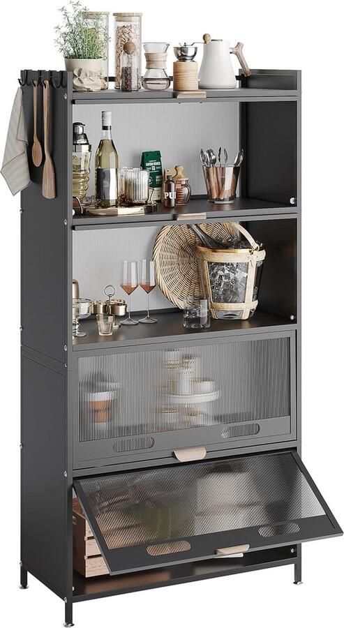 JGS Veelzijdige en Roestvrije 5-Lagen Keukenrek met Wielen en Voeten Opbergkast met Zichtbare Deuren