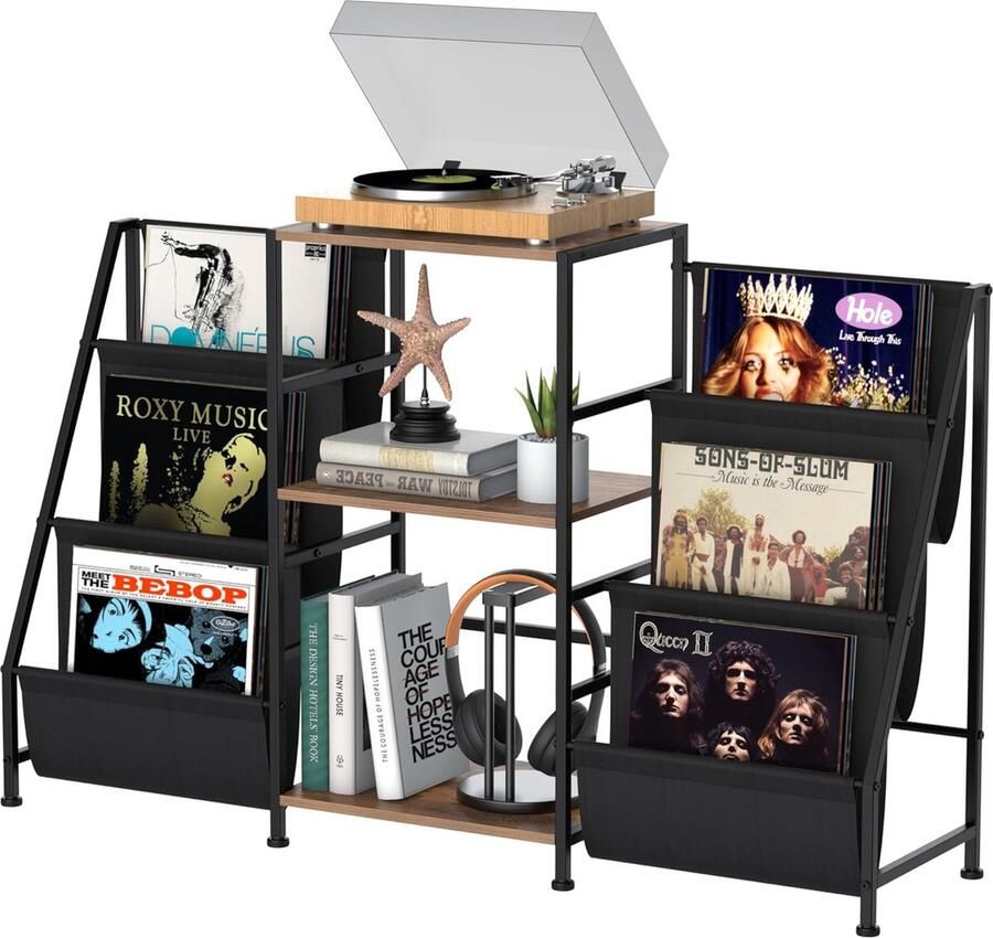 JGS Boekenkast-bijzettafel met 3-laags plank Vinylplaten-opslag-bijzettafel voor in de woonkamer Platenstandaard met vinylspeler voor maximaal 200 albums