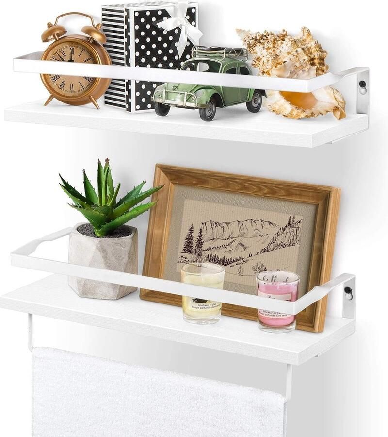JGS Wandrek zwevend hout wandgemonteerde zwevende planken met handdoekhouder rustieke opbergplanken ideaal voor woonkamer slaapkamer hal badkamer 2 stuks (wit)