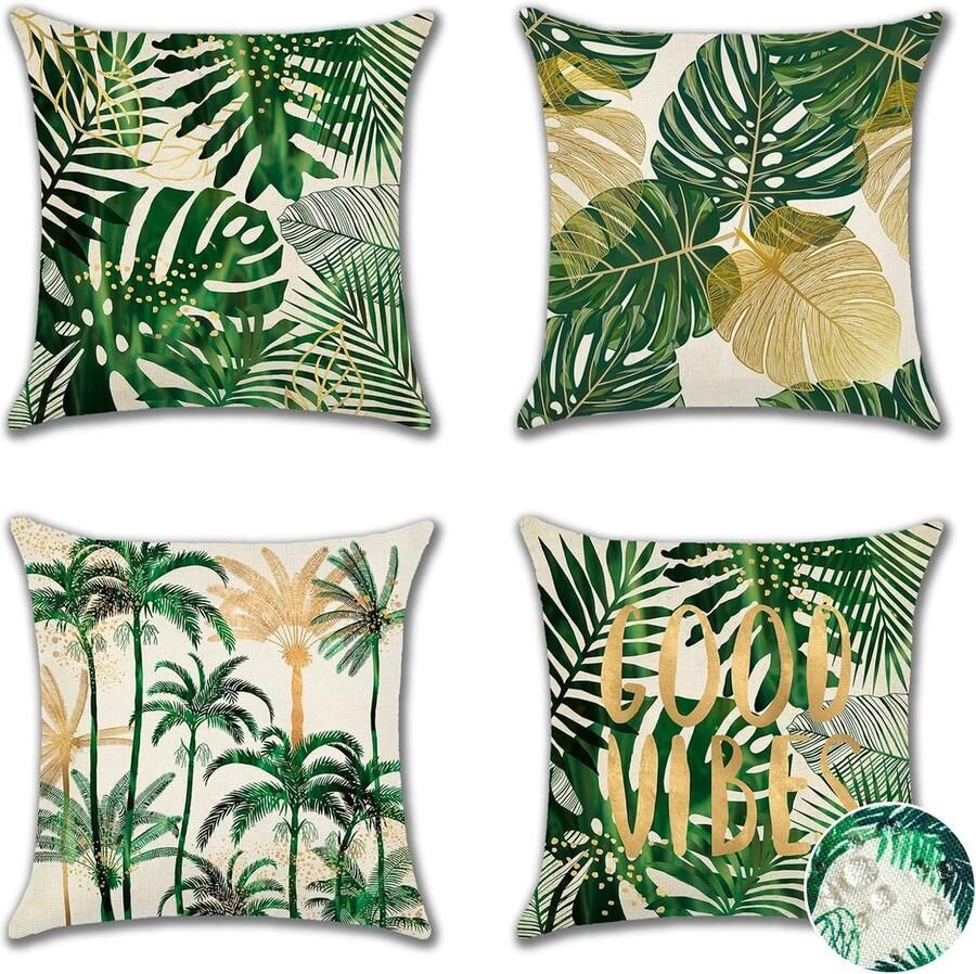 JGS Waterdichte kussensloop 45 x 45 cm set van 4 decoratieve kussenhoezen voor buiten bankkussen sierkussenhoezen voor bank woonkamer balkon tuin auto (tropische bladeren)