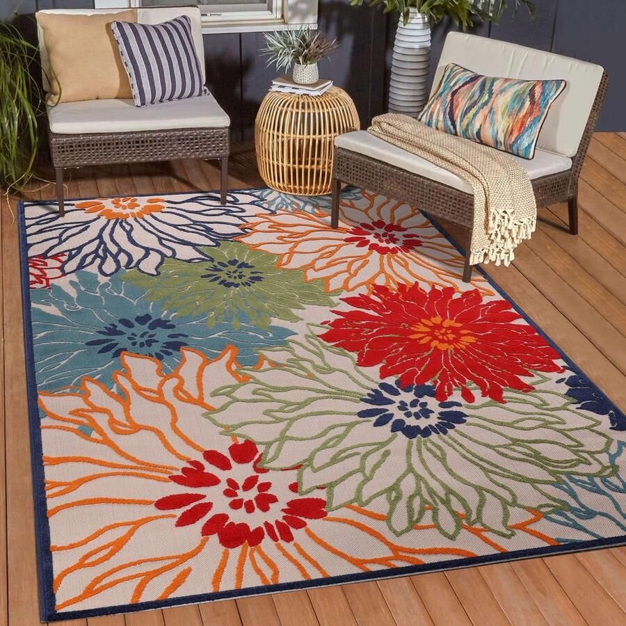 JGS Weerbestendig Buiten Tapijt in Boho Design Groot formaat 200x290 cm Kleurrijk Bloemenmotief UV-bestendig Perfect voor Tuin Balkon of Terras