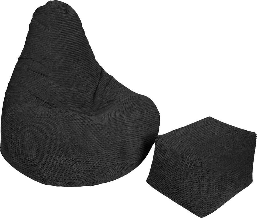 JGS Zitzak met hoge rugleuning voor volwassenen corduroystof voering ergonomisch ontwerp voor lichaamsondersteuning (zwart zitzak + kruk)