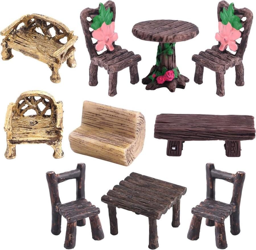Jhubers goods 10-delige miniatuur tuintafel en stoelen set Poppenhuis meubeldecoraties Hars meubel ornamenten DIY knutselcadeaus Feeëntuin accessoires