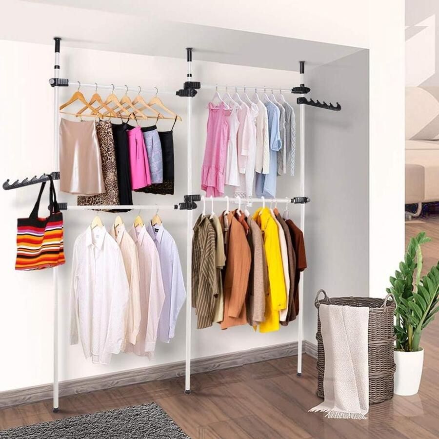 Allecto plus Flexibel Telescopisch Kledingrek Verstelbaar en Hoog Draagvermogen 4-Polig Brede en Hoge Kleerhanger Stand Voor Overhemden