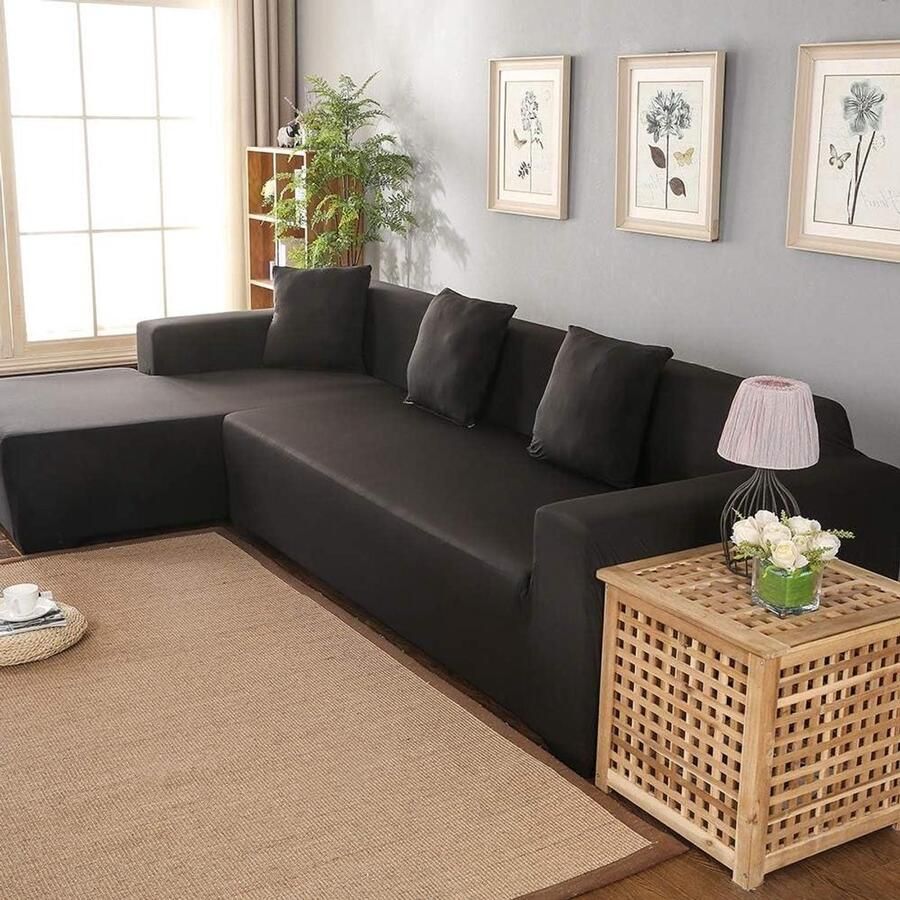 Allecto plus Elastische L-vormige Bankovertrek voor 3 + 2-zits Hoekbank Zwart Stretch bankovertrek