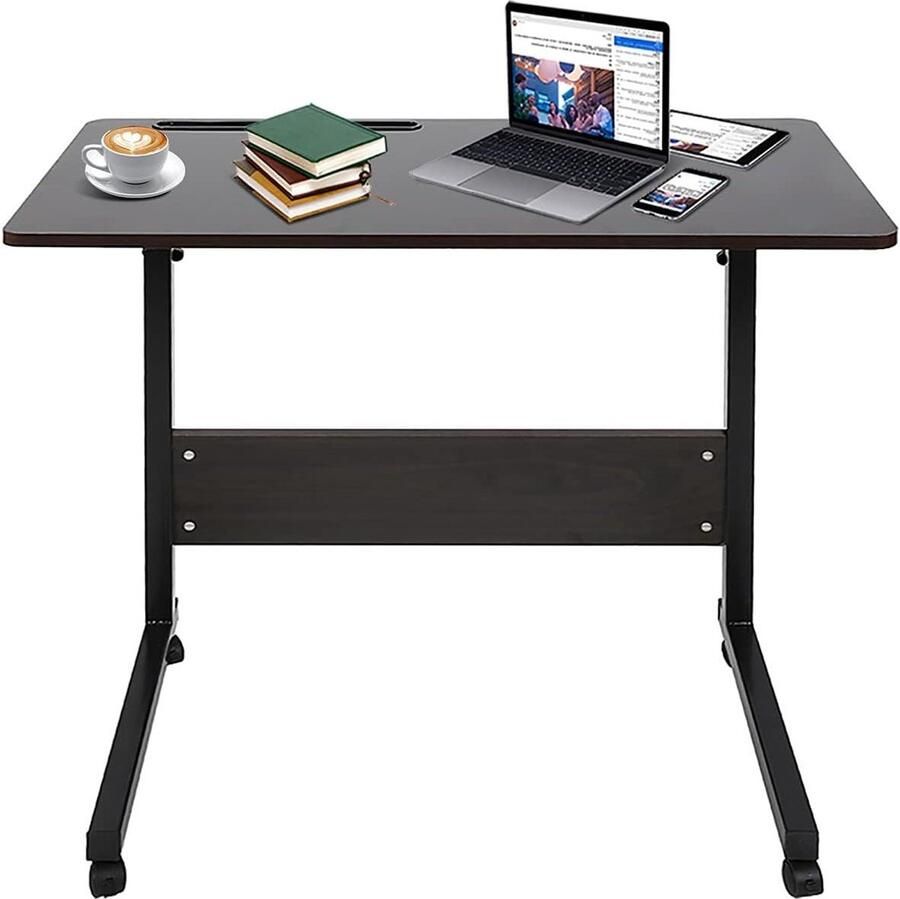 Allecto plus Verstelbare Bijzettafel voor Slaapbank Laptoptafel op Wielen Bureau met Tabletsleuf voor Kantoor Slaapkamer & Woonkamer Zwart Walnoot