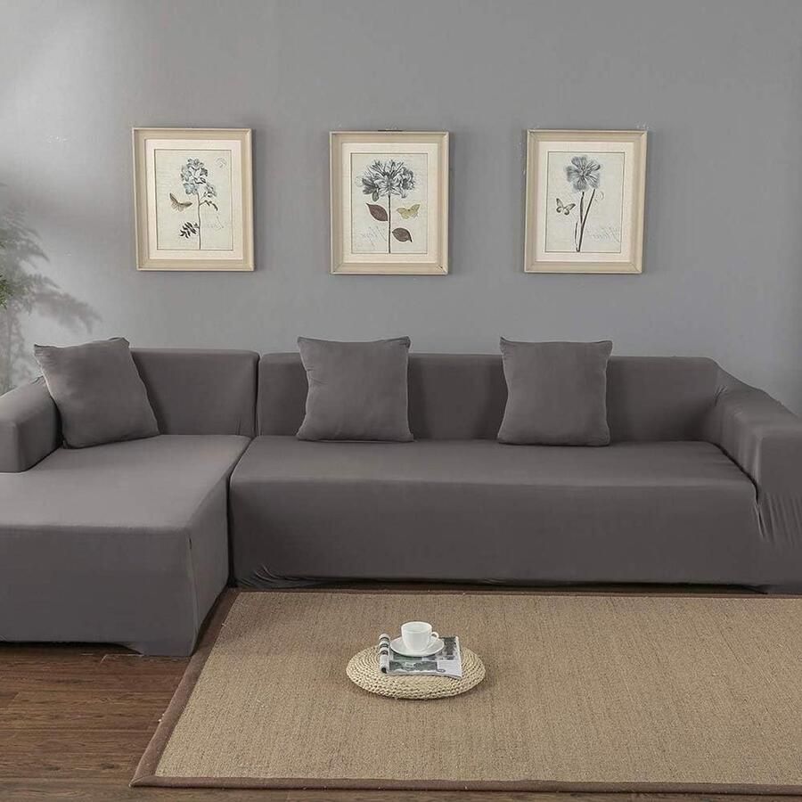 Allecto plus Elastische L-vormige Bankhoes in Grijs voor 3 + 2-zits Hoekbank