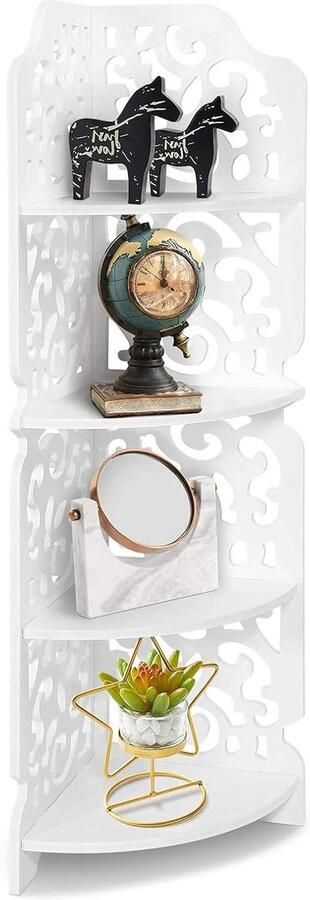 Allecto plus Staande hoekplank met 4 niveaus in wit voor kantoor woonkamer keuken badkamer Houten opbergrek met gesneden wandplank 84 5 x 18 x 22 cm