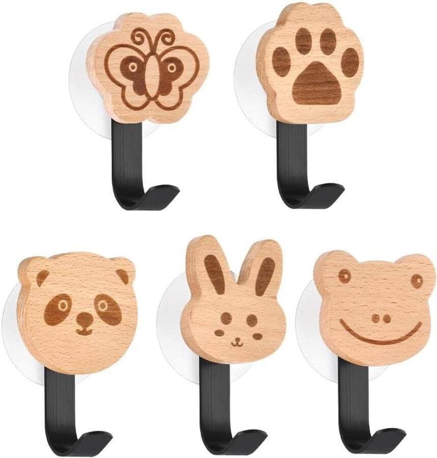 Allecto plus Houten dieren kapstokhaak met zelfklevende wandbevestiging voor kastdeur slaapkamer en keuken