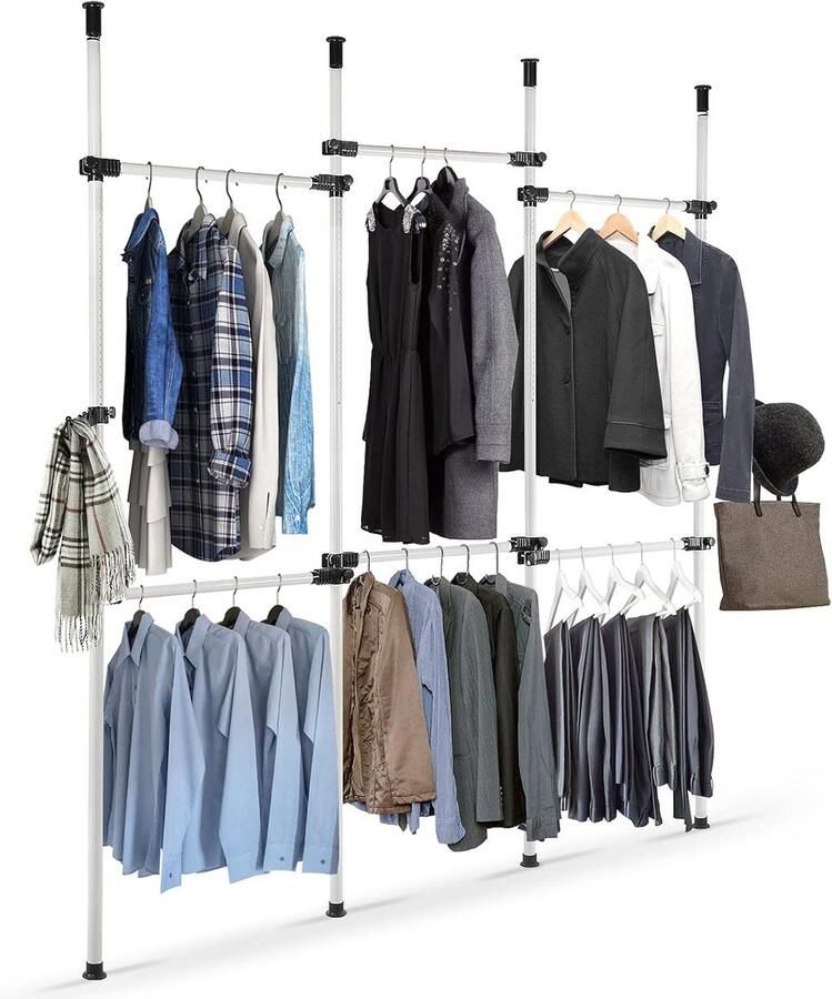 Allecto plus Kledingrek met 4 stangen en 6 bars Telescopische kleerhanger Verstelbare breedte en hoogte DIY opbergrek voor kleding C-4 Polen 6 Bars