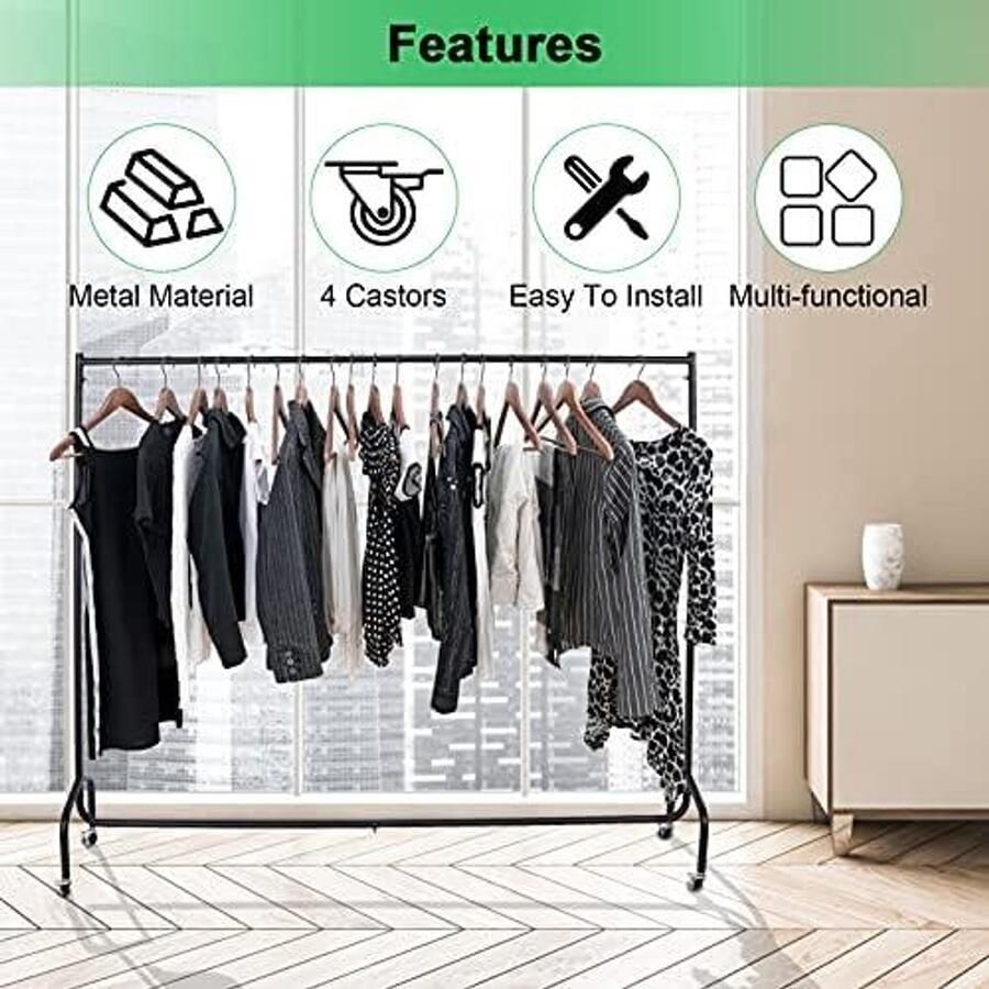 Allecto plus Zwart metalen kledingrek voor zware lasten stabiele garderobestandaard met wieltjes Ruimtebesparend kledingrek met garderobestang