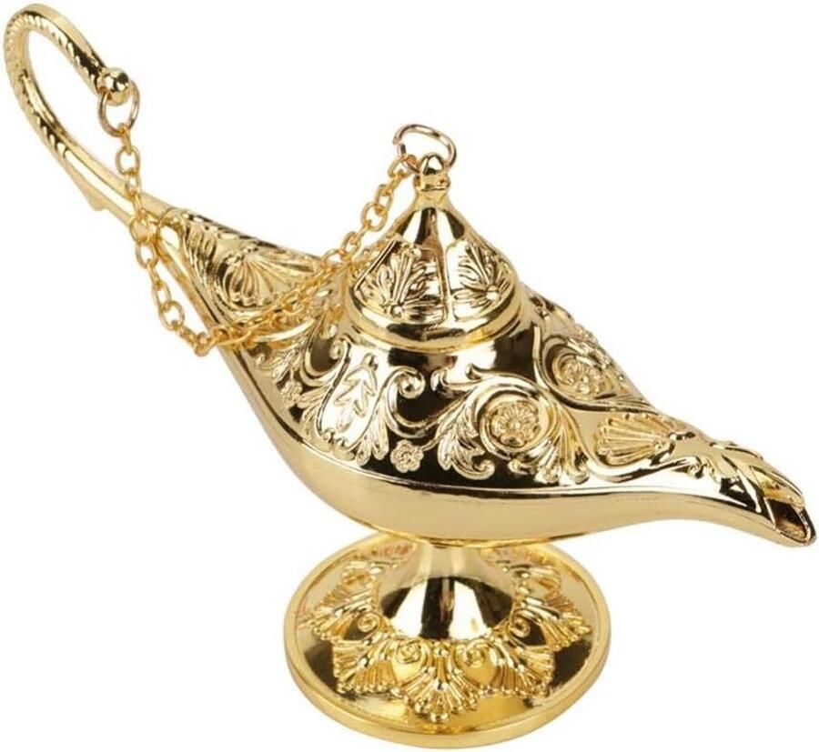 Allecto plus Aladdin lamp decoratie retro genie licht metaal gesneden wens lamp (goud)