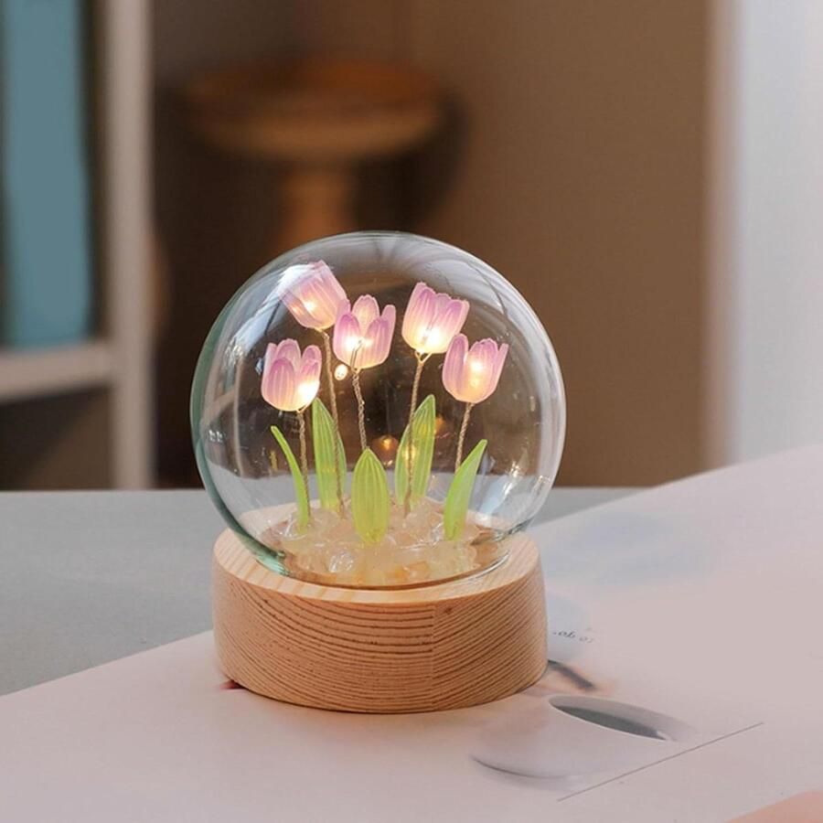 Jhubers goods Nachtlampje Tulp Bloem Kristallen Bol Houten Basis Paars Slaapkamer Decor Lamp Bureau Ornament Geschenken