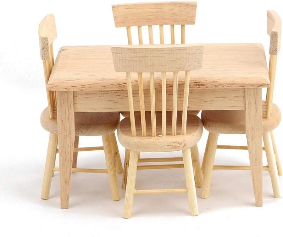 Allecto plus Poppenhuis Eettafel en 4 Stoelen Levensechte Miniatuur Poppenhuismeubilair voor Huisdecoratie. Tafel en stoelen set met Antieke Look. Perfect voor Poppenhuisaccessoires