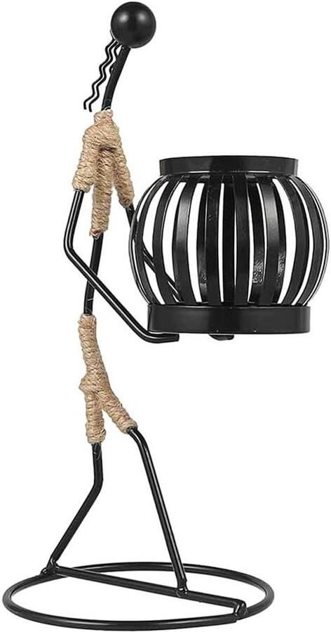 Allecto plus Set van 2 retro zwarte ijzeren kaarsenhouders voor tafels met klein meisje design. Vintage theelichthouders met henneptouwontwerp. Ideal voor sfeervolle verlichting