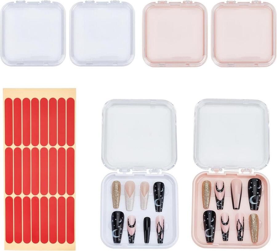 Jhubers goods Set van 4 kunststof opbergdozen voor kunstnagels met dubbelzijdig plakband en nagelorganizer