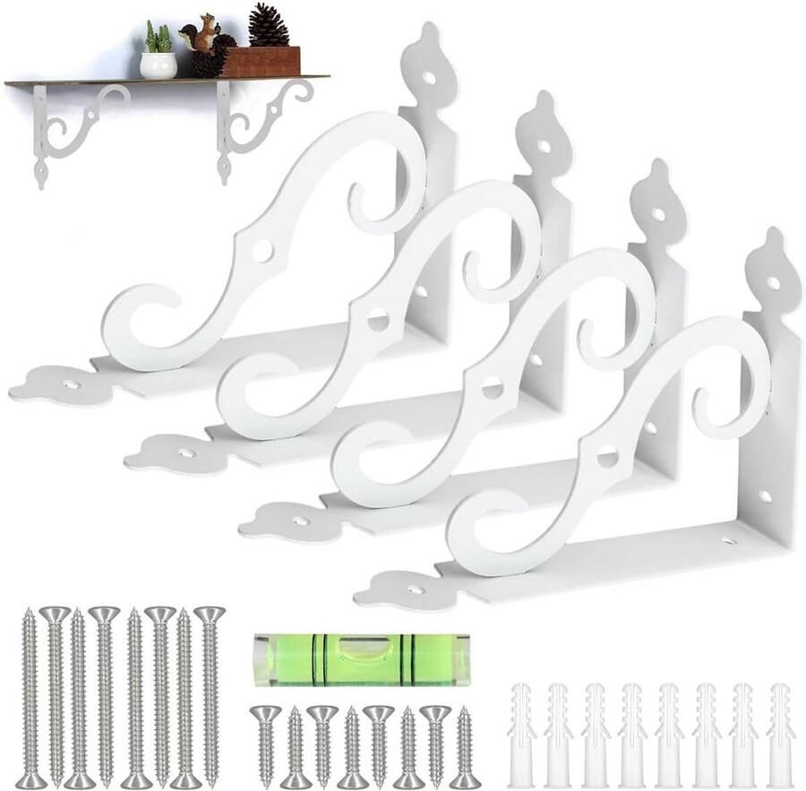 Jhubers goods Set van 4 witte vintage gietijzeren plankhouders 14 cm x 11 cm met schroeven Rustieke wandconsole voor zware lasten wandhouder tuin doe-het-zelf