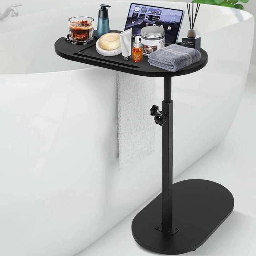 Allecto plus In hoogte verstelbare bijzettafel 360 graden draaibare houten tafel voor nachtkastje bank badkamer of badkuip