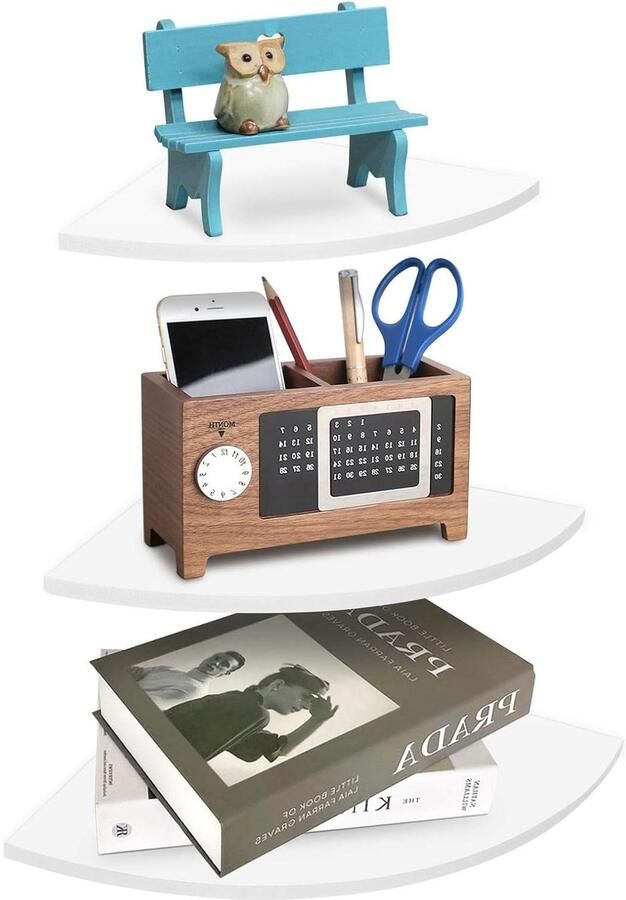 Allecto plus Zwevende hoekplank wit PVC 3-delige wandgemonteerde hoekplankeenheid voor CD-boekdecoratie Display en opslag Inclusief montageaccessoires