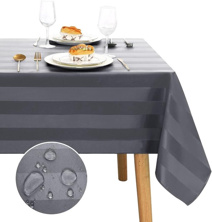 Gestreept tafelkleed waterafstotend 1 stuk grijs polyester 130 x 220 cm