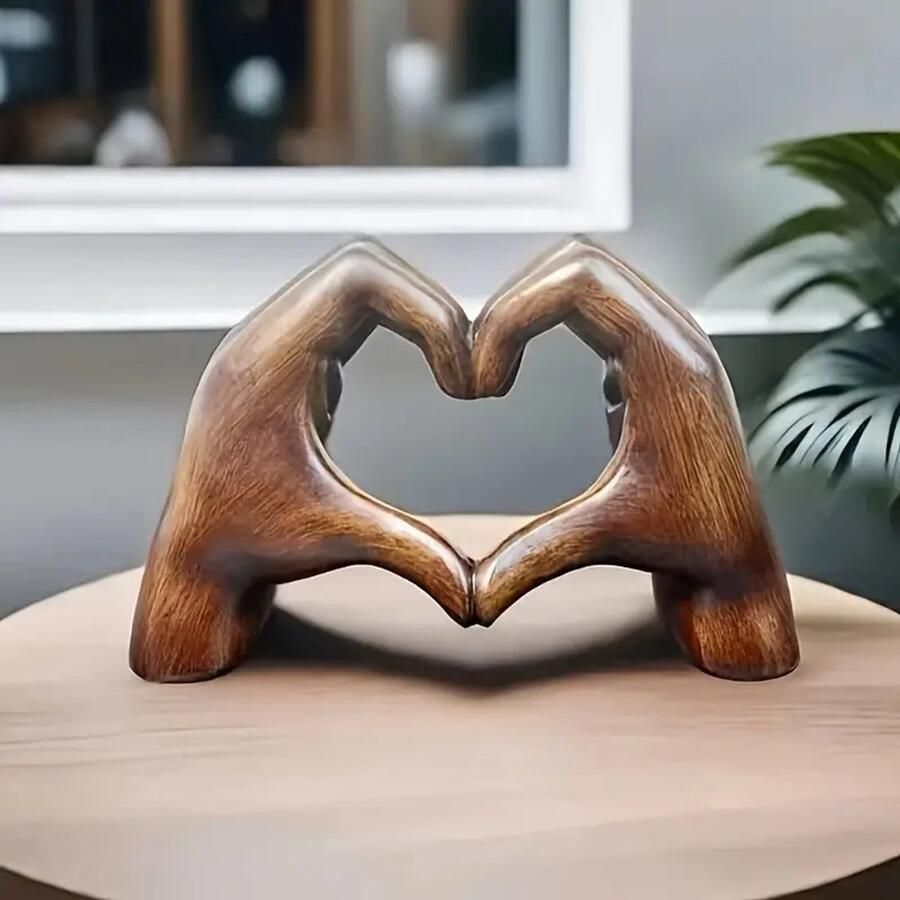 JJ Brons Hart Hand Standbeeld Gebaar Decoratie Vinger Sculptuur voor Bruiloft Decoratie Home Decor Kleine Ornament op Salontafel Kantoor Slaapkamer (houtskleur) 17 cm breed