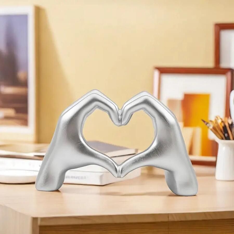 JJ Zilveren Hart Hand Standbeeld Gebaar Decoratie Vinger Sculptuur voor Bruiloft Decoratie Home Decor Kleine Ornament op Salontafel Kantoor Slaapkamer (Zilver) 17 5cm breed