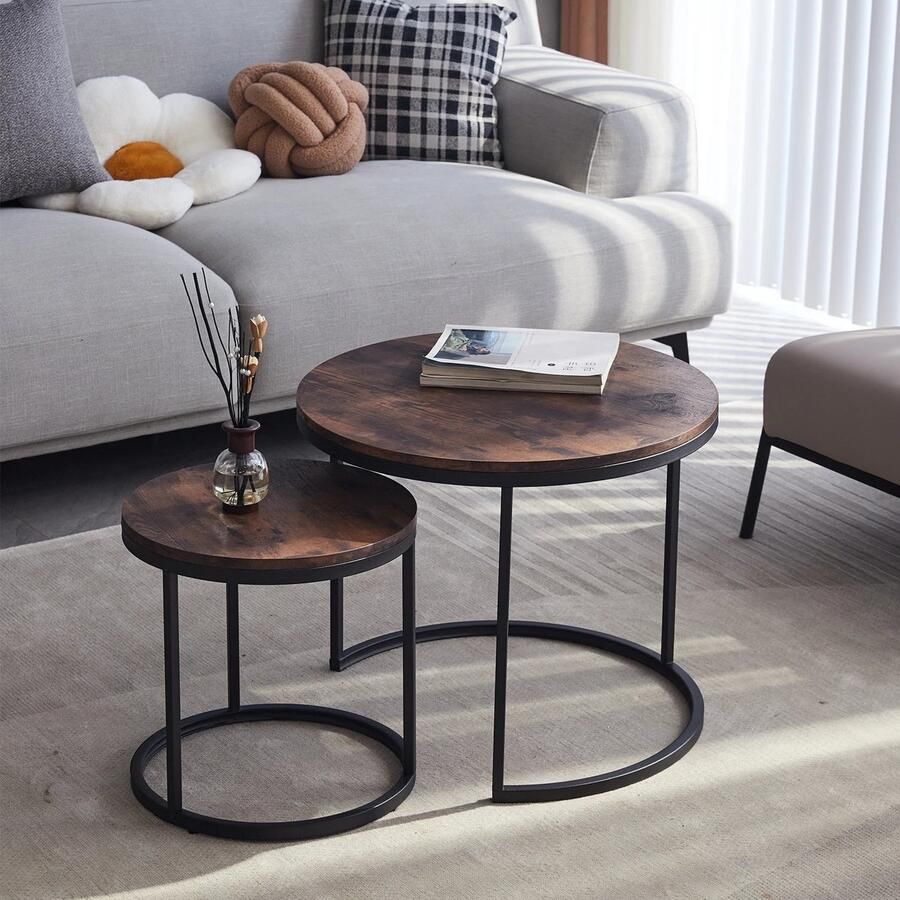 JLA Commerce Salontafel 2 in 1 Nordic Fire Cloud Salontafel Rond Metalen woonkamer tafel Nachtkastje Multifunctionele tafel diameter 60cm en 40cm Metaal afgerond frame Hout
