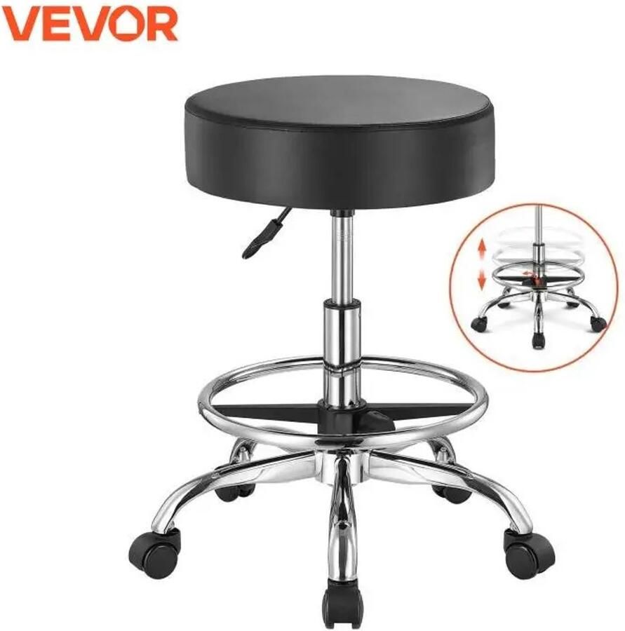 JLA Commerce Tabouret op wielen Zadelkruk op Wielen Kruk op wielen Kapperskruk op Wielen 181kg Draagvermogen Ultradik Kussen Draaibare Kruk voor Salon Bar Thuis Kantoor Massage Zwart