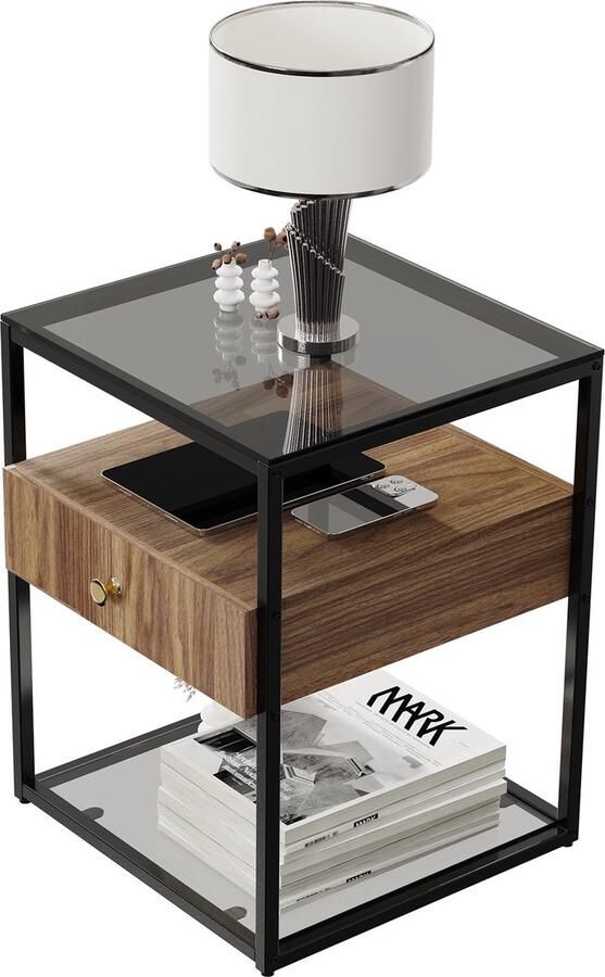 Jodary Bijzettafel Nachtkastje Industrieel -Met laden Gehard glas Donker hout 43x43x54cm