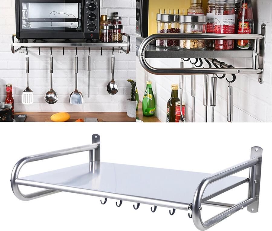 Jodary Keuken Wandplank RVS Keuken Rek RVS Professioneel Kwaliteit Magnetron Plank Max 30kg 53x38x18 Cm Met 6 Haken