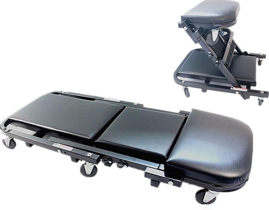 Jodary Opvouwbare Ligkar Kruipstoel 360° Zwenkwielen Gewatteerde Kussens Zwart Uitgeklapt 104x41x15cm Kruk 55 x 40 x 49 cm