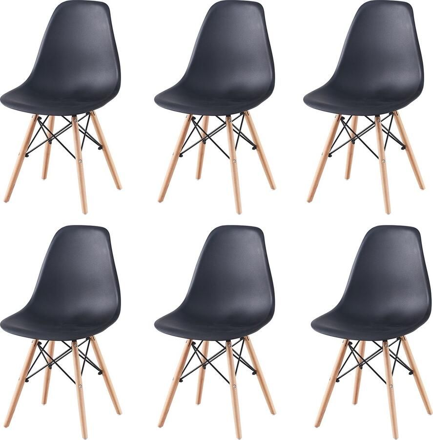 Jodary Set van 6 Stoelen set van 6 Eetkamerstoelen Set van 6 Bureaustoelen Scandinavische stijl Zwart Kunststof Zitting Hout onderstel Grootte 46*41*83cm Makkelijk schoonmaken