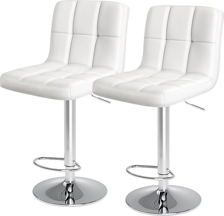 JOEAIS Barkrukken set van 2 met rugleuning stijlvolle krukken in hoogte verstelbaar 62-83 cm draaibaar 360 graden PU-leer keukenstoelen met rugleuning en voetsteun lobby krukken.-Wit
