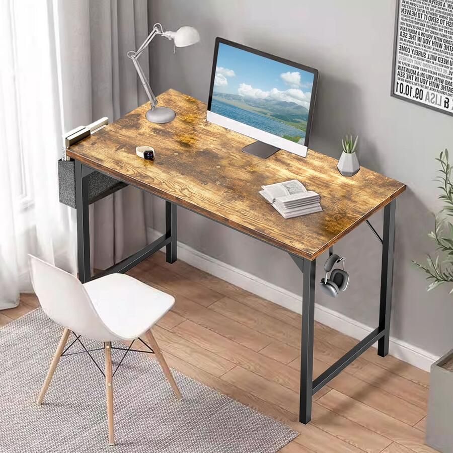 JOEAIS Bureau- Computerbureau Klein 81cm Schrijfstudie Werk Modern Eenvoudige Stijl Houten Tafel met Opbergzak & IJzeren Haak voor Thuis Slaapkamer Roest