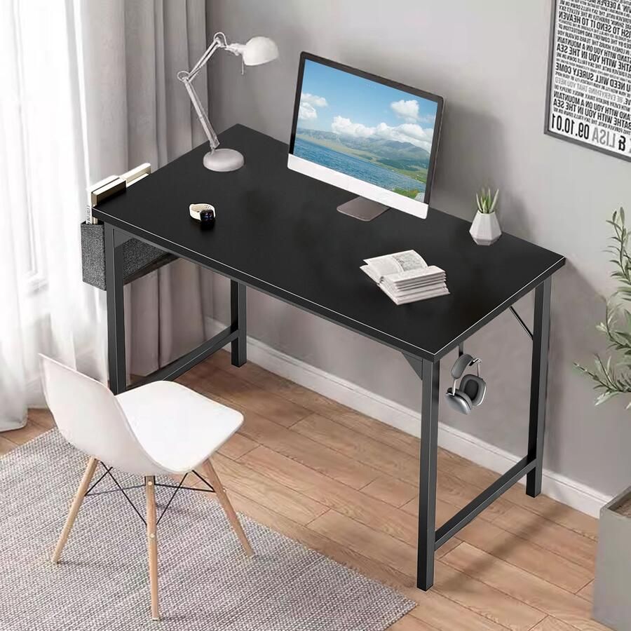 JOEAIS Bureau- Computerbureau Klein 81cm Schrijfstudie Werk Modern Eenvoudige Stijl Houten Tafel met Opbergzak & IJzeren Haak voor Thuis Slaapkamer Zwart