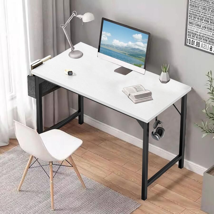 JOEAIS Bureau- Computerbureau Klein 81cm Schrijfstudie Werk Modern Eenvoudige Stijl Houten Tafel met Opbergzak & IJzeren Haak voor Thuis Slaapkamer Wit
