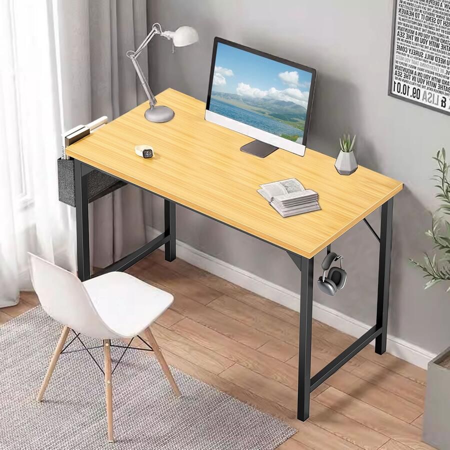 JOEAIS Bureau- Computerbureau Klein 81cm Schrijfstudie Werk Modern Eenvoudige Stijl Houten Tafel met Opbergzak & IJzeren Haak voor Thuis Slaapkamer Natuurlijk