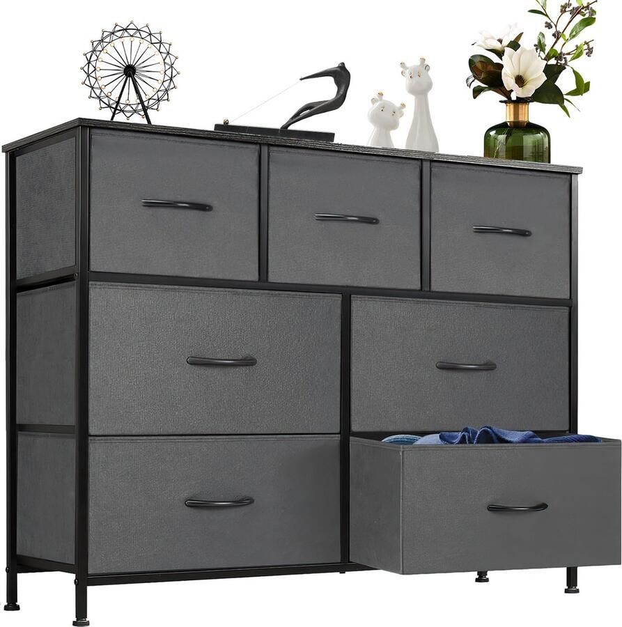 JOEAIS Commode met 7 stoffen lades ladekast opbergkast met houten bovenkant dressoir meubel voor slaapkamer woonkamer hal kinderkamer 100 x 30 x 77 cm (LxBxH).-Grijs