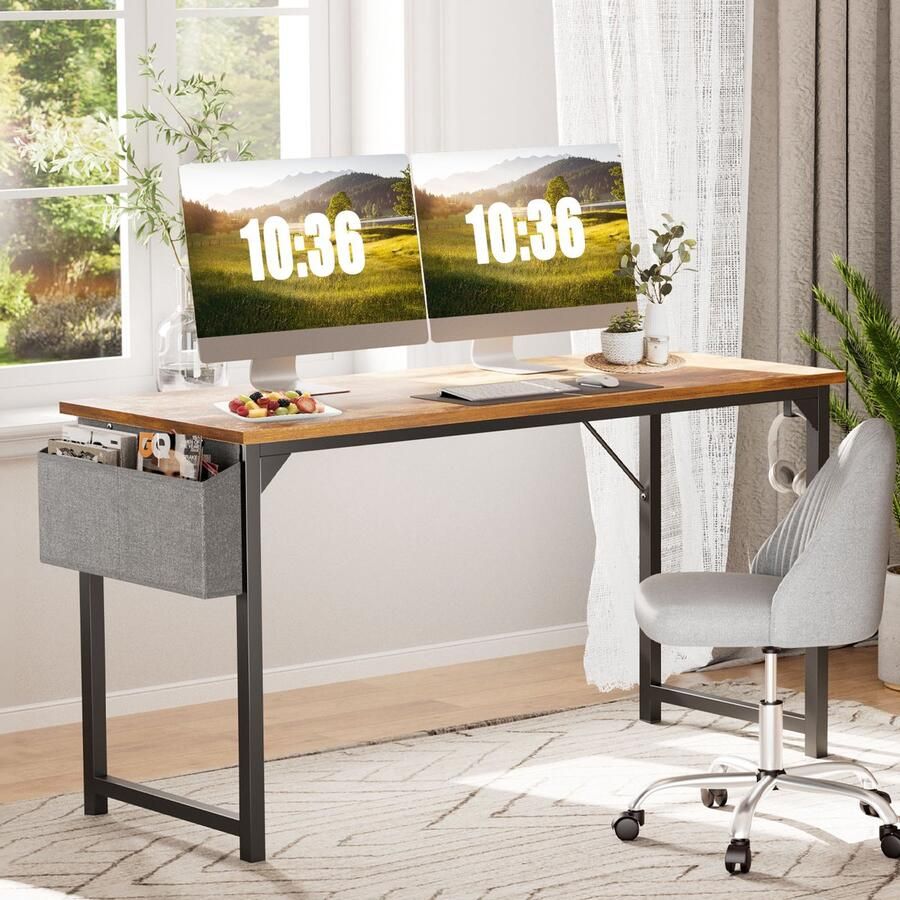 JOEAIS Computerbureau Klein Kantoor Bureau 101cm Schrijfbureaus Kleine Ruimte Bureau Studie Tafel Moderne Eenvoudige Stijl Werktafel met Opbergzak Hoofdtelefoon Haak Houten Tafelblad Metalen Frame voor Thuis Slaapkamer Roest