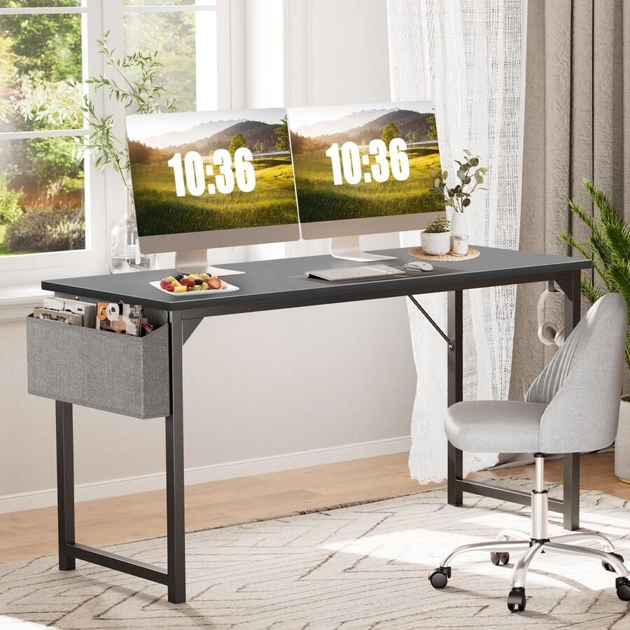 JOEAIS Computerbureau Klein Kantoor Bureau 101cm Schrijfbureaus Kleine Ruimte Bureau Studie Tafel Moderne Eenvoudige Stijl Werktafel met Opbergzak Hoofdtelefoon Haak Houten Tafelblad Metalen Frame voor Thuis Slaapkamer zwart