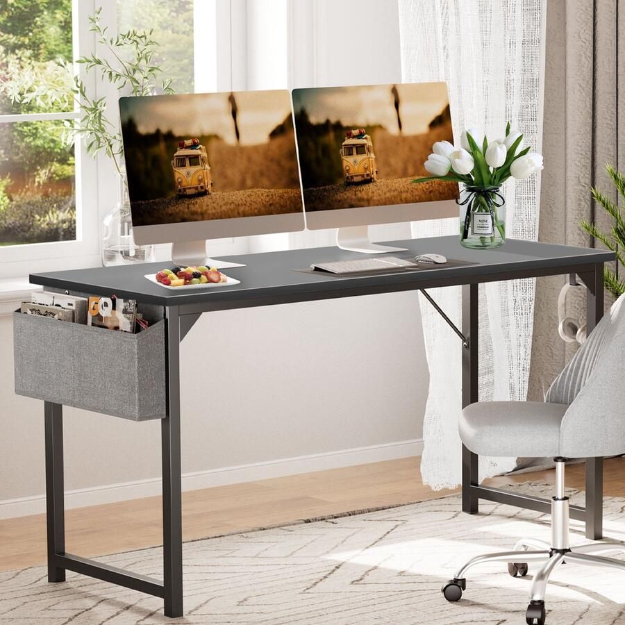 JOEAIS Computerbureau Thuis Kantoor Bureau 101cm Schrijfbureaus Kleine Ruimte Bureau Studie Tafel Moderne Eenvoudige Stijl Werktafel Studentenbureau PC Tafel met Opbergzak Hoofdtelefoon Haak Metalen Frame voor Thuis Slaapkamer zwart