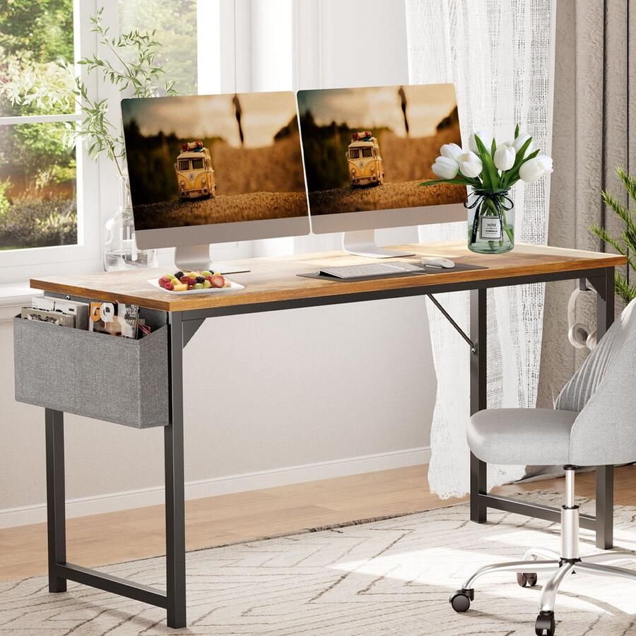 JOEAIS Computerbureau Thuis Kantoor Bureau 101cm Schrijfbureaus Kleine Ruimte Bureau Studie Tafel Moderne Eenvoudige Stijl Werktafel Studentenbureau PC Tafel met Opbergzak Hoofdtelefoon Haak Metalen Frame voor Thuis Slaapkamer Roest