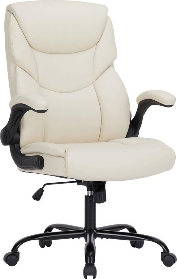 JOEAIS Computergamestoel ergonomische bureaustoel zware taakstoel met opklapbare armleuningen PU-leer verstelbare draaistoel met wielen wit