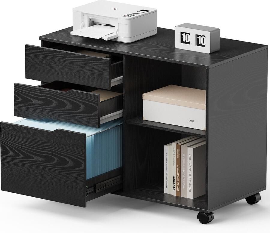 JOEAIS Dossierkast met 3 laden Opslag archiefkasten bureauladen printerstandaard laterale mobiele organizer onder het bureau houten met wielen verstelbare planken voor thuis kamer kleine ruimtes rustiek Zwart