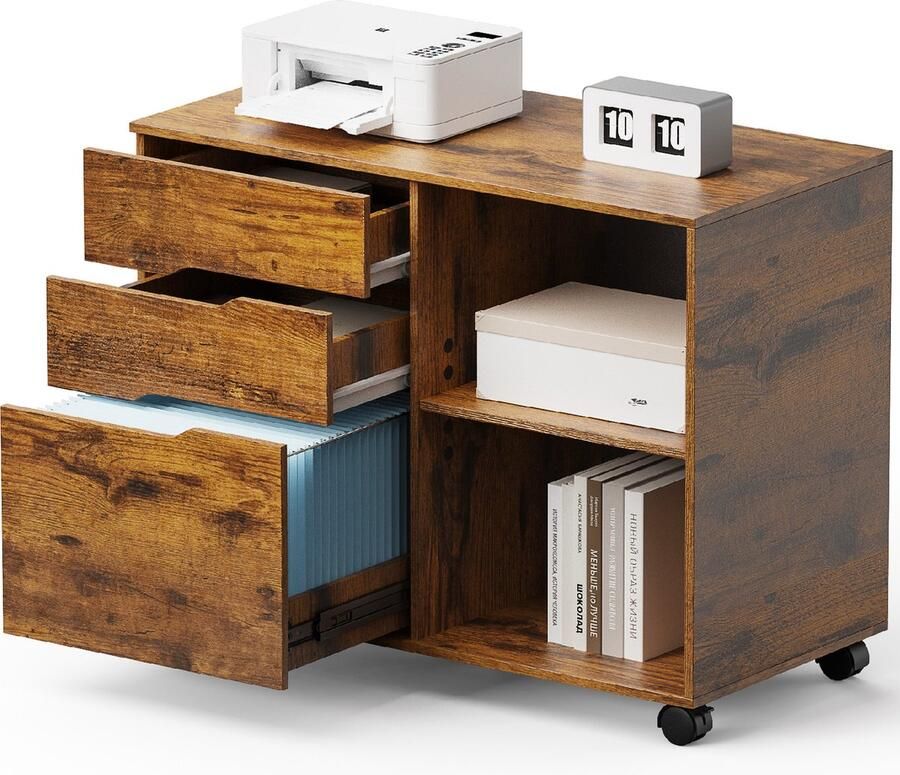 JOEAIS Dossierkast met 3 laden Opslag archiefkasten bureauladen printerstandaard laterale mobiele organizer onder het bureau houten met wielen verstelbare planken voor thuis kamer kleine ruimtes rustiek Roestkleurig